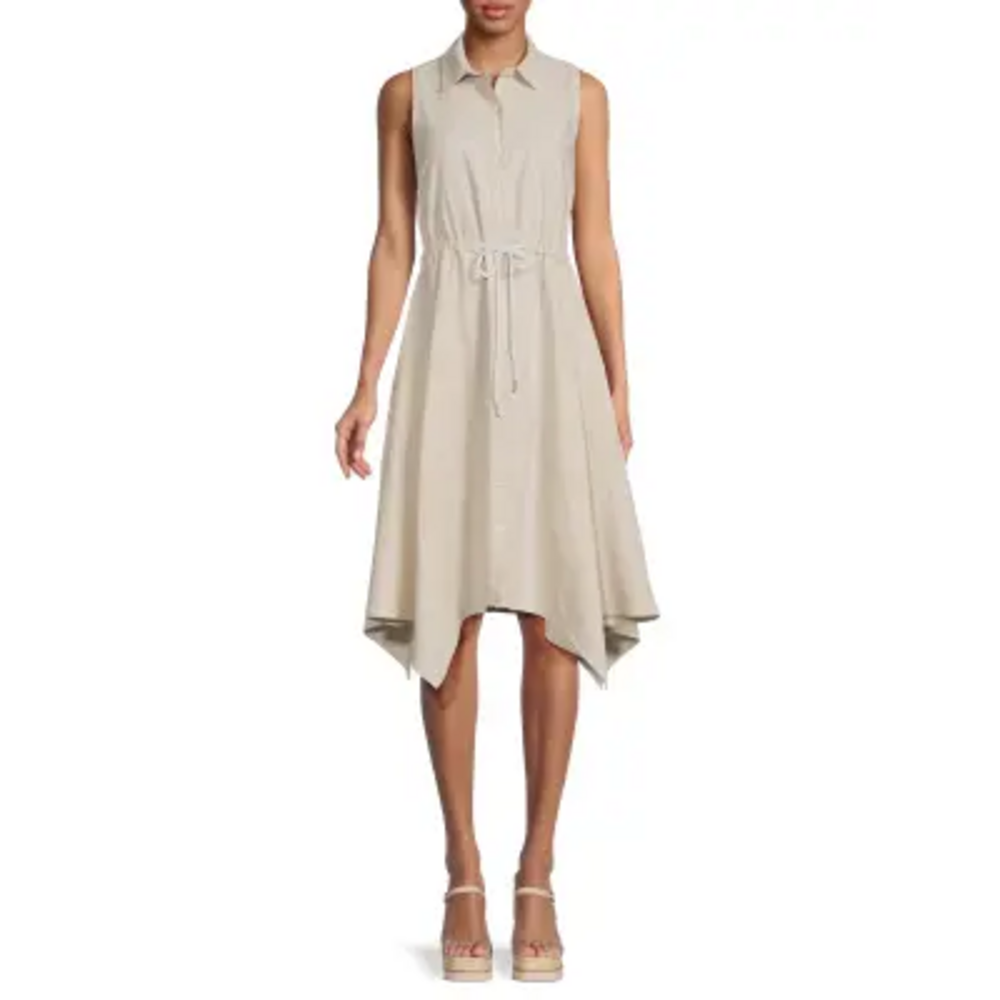 Saks Fifth Avenue Stripe Linen Blend Shirt Dress in Cream - Picture 1 of 2